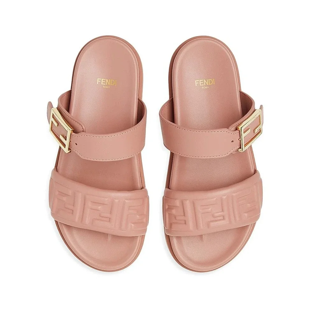 Fendi Feel Slide Pink Brick Leather FF Baguette Logo Gold Mule Flat Sandal 37